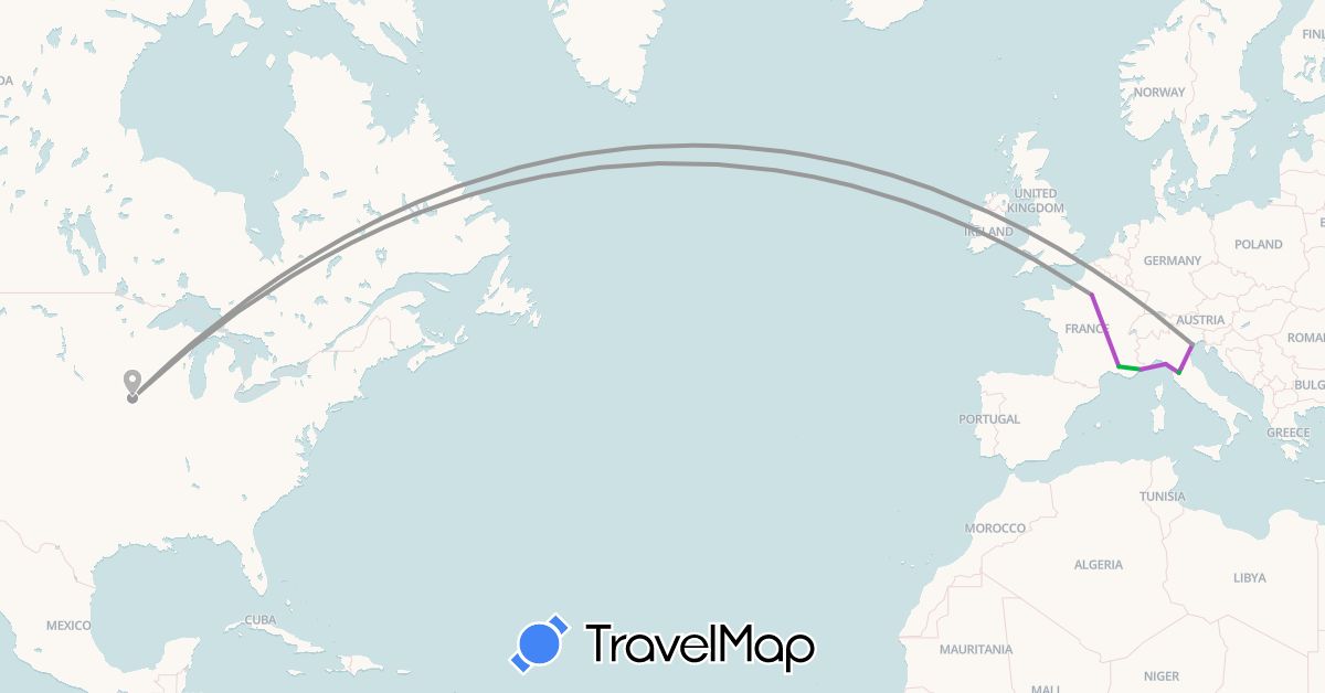 TravelMap itinerary: bus, plane, train in France, Italy, United States (Europe, North America)